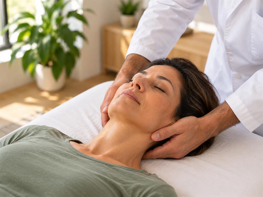 Ajuste de quiropraxia no pescoço, com a paciente deitada e relaxada