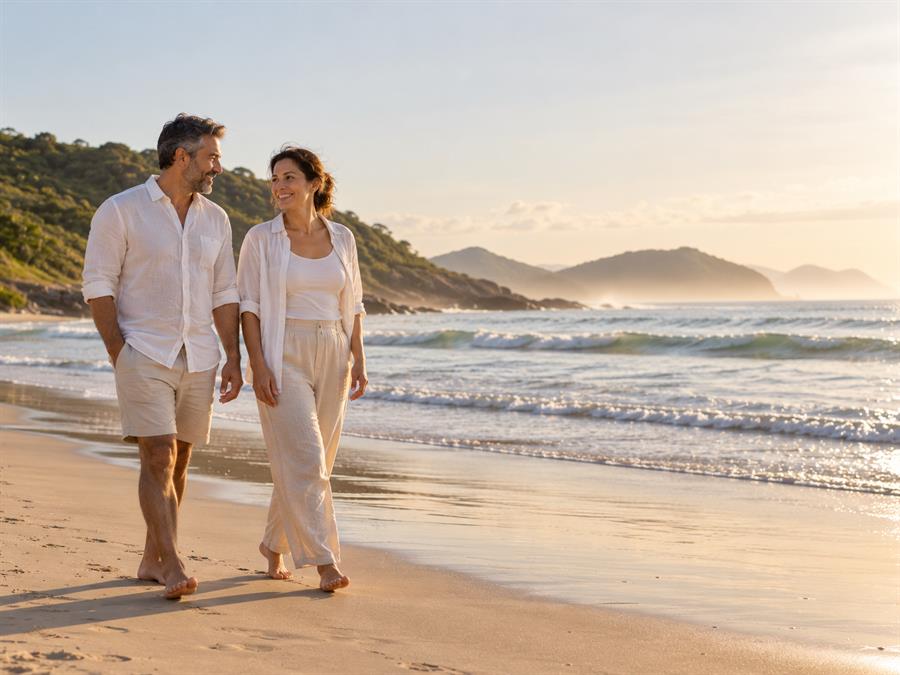 Casal caminhando tranquilo na beira da praia pela manhã